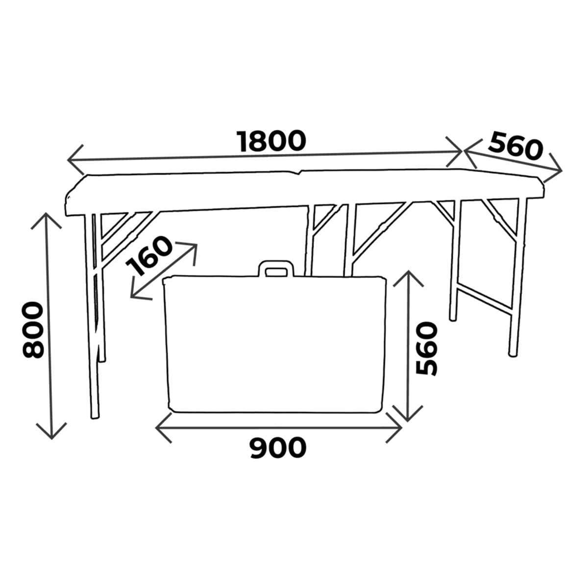 Table valise pliante, hauteur 80cm